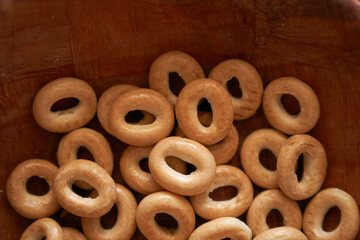 A bunch of round dryers. Crispy snack for tea, shot from above, close-up. High quality photo