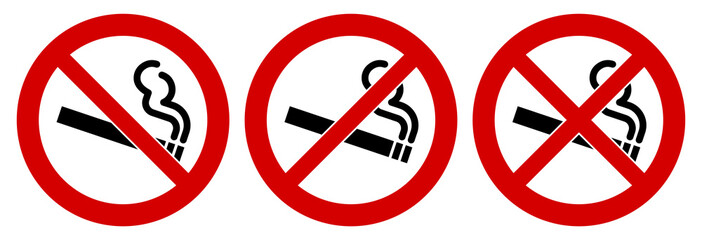 Smoking cigarette icon in red crossed circle, doublecrossed sign as well