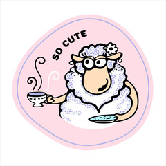 Sticker with woman Cute Sheep with cup and loving look on pink background and text So cute for sticker or magnet