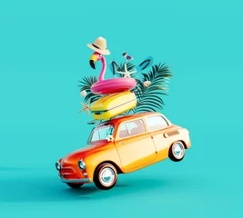 Foto op Plexiglas Funny orange retro car with summer vacation accessory on turquoise blue background 3D Rendering, 3D Illustration © hd3dsh