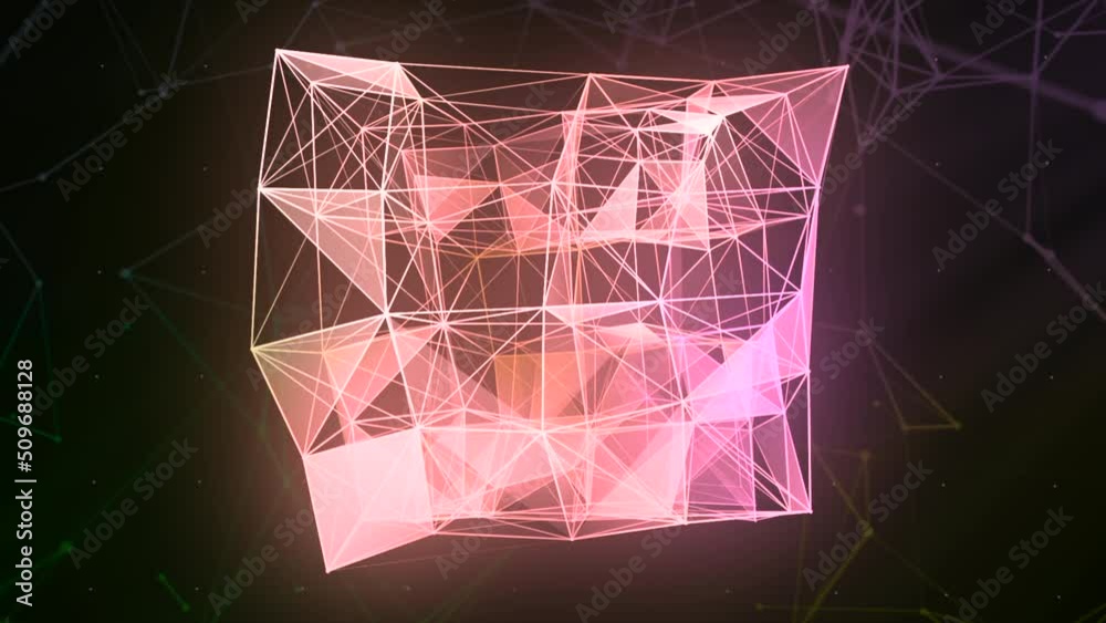 Poster Transforming polygonal complex shape in digital space. Motion. Artificial Intelligence AI exploring science.
