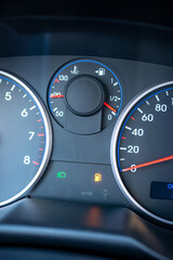 Fototapeta premium Empty fuel gas gauge. Car tank low petrol meter indicator on dashboard. Fuel car gauge empty.