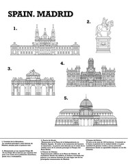 illustration of a poster with the sights of Spain Madrid.  black and white poster with the city.
