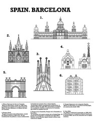 illustration of a poster depicting the sights of Spain Barcelona.  black and white poster with the city.