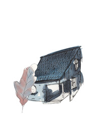 Watercolor House with a Leaf Poster - hand drawn nature picture with a leaves and building, sketching