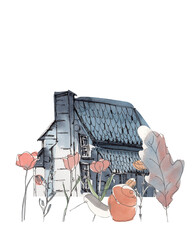 Watercolor Autumn House with a Sketched Flowers Poster - hand drawn drawing building picture with a nature, leaves