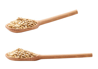 wooden spoon with oat flakes isolated on white background.