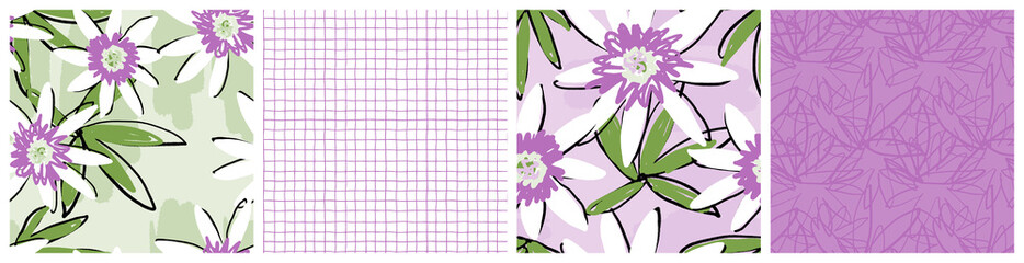 Fototapeta na wymiar Exotic passiflora flower seamless pattern. Beautiful passion fruit floral kitchen textile print or product packaging background in lilac, white and green fresh feminine colors.