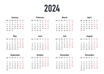 White Calendar 2024. Seasons and months, red weekend notification. Graphic elements for developing applications or programs, stylish and minimalistic interface. Cartoon flat vector illustration