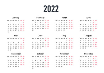 White Calendar 2022. Graphic elements for website and print on paper. Reminder for time management and planning. Seasons and months. Weekend template or mockup. Cartoon flat vector illustration