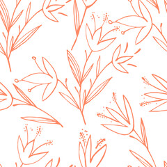 Seamless pattern set with outline florals. Retro style print design collection with hand drawn flowers, vector format