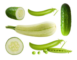 Set of different green vegetables isolated on white background. One whole zucchini and cucumber,...