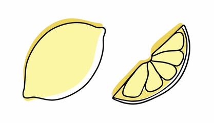 Set of summer tropical fruits. Collection of exotic fruits of lemons. Whole slices of fruit. Vector illustration in linear style with colored spots. For design, printing, postcards, invitations, cover