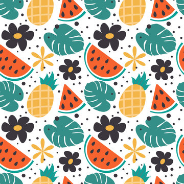 Bright summer seamless pattern with hand-drawn summer elements in trendy colors and decorative elements