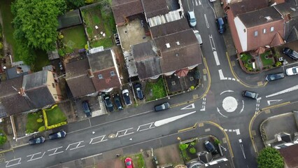 Aerial view of British Town of England Great Britain, Low level flight of drone. 