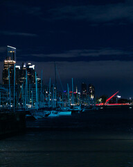 cyan lighting and red bridge, city skyline at puerto madero tall buildings Buenos Aires, Argentina