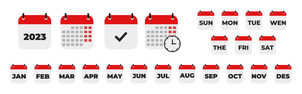 Calender , days of the week. Set every day a week . Collection of calendar symbols. Vector icon. Flat, red and white calendar, icon set for the week. 10 eps