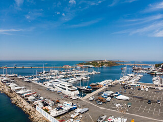 Aerial view of marina port in Bulgarian town Sozopol. Drone view from above. Summer holidays destination