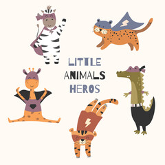 Obraz premium Animals heros. Set of super heros animals. Vector kids illustration with characters. Hand drawn art.
