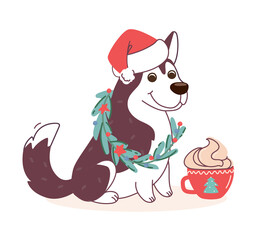 Husky dog in a Christmas costume with cappuccino. Vector illustration in a flat style on a white background. Cute puppy with a wreath and a Santa Claus hat.