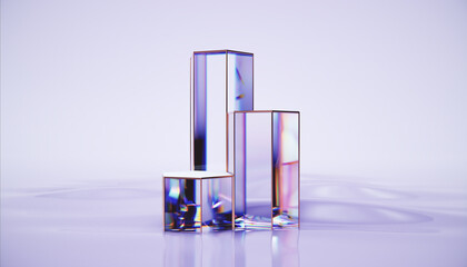 3d render abstract background, beautiful cubes on water surface. Glass cubes, podium are transparent with a discrepancy. Design element for banner background, wallpaper.