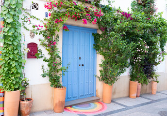 Fototapeta na wymiar Old wooden colorful door with flowers and a rainbow, Cordoba, Spain.