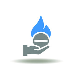 Vector illustration of hand holding pill or tablet with fire flame. Icon of boost of metabolism. Symbol of metabolism medicinal boosting.