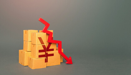 Boxes with yuan or yen symbol and down arrow. Fall in the production of goods. Worsening trade....