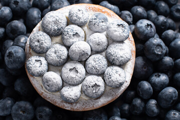 sweet dessert cake with pudding cream and blueberries sprinkled with sugar