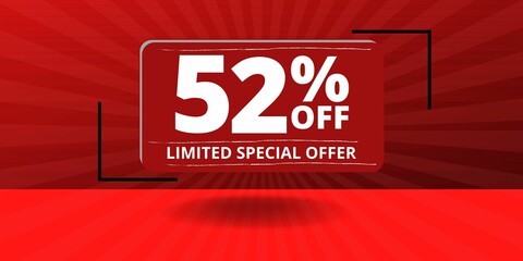52% off limited special offer. Banner with fifty two percent discount on a red background with white square and red