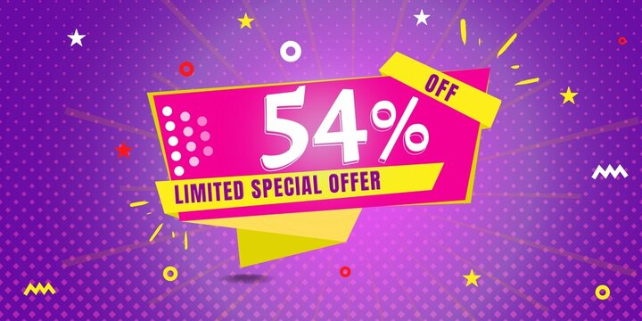 54% off limited special offer. Banner with fifty four percent discount on a  purple background with yellow square and pink