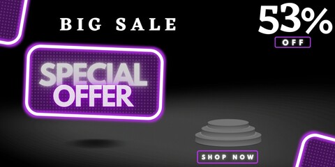 53% off limited special offer. Banner with fifty three percent discount on a black background with purple square