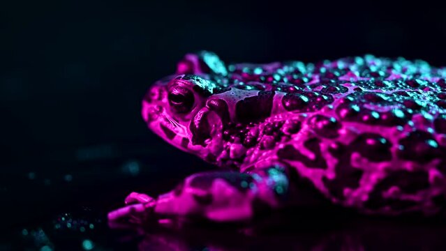 Amazing jungle frog or toad close-up under neon colorful light. Natterjack breathing and looking at camera. Wild amphibious blinks eyes, stirs nostrils, macro. 