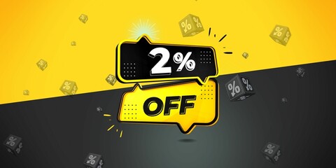 2% off limited special offer. Banner with two percent discount on a  black and yellow background with yellow square and black. Illustration 3d