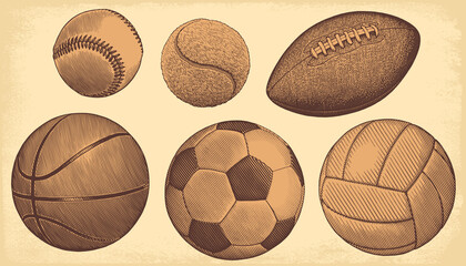 Balls for sports games. Design set. Editable hand drawn illustration. Vector vintage engraving. 8 EPS - 509703538