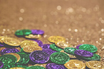Obraz na płótnie Canvas Mardi Gras Doubloons on a Gold Glitter Background