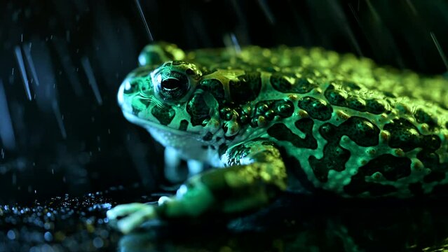 Wild ground toad under rain drops, close-up night shot, blue neon colorful light. Natterjack breathing and looking at camera. Amazing frog blinks eyes, stirs nostrils, macro. Dark background.