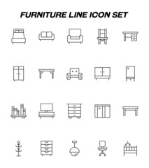Furniture concept. Vector sign in flat style and editable stroke. Line icon set with symbols of bed, sofa, armchair, chair, office desk, wardrobe, mirror, book shelf, coat rack, lamp