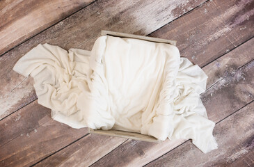 Newborn Digital Background White Blanket in Box on Wood Background