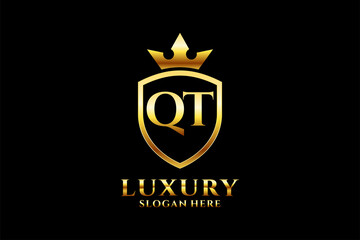 initial QT elegant luxury monogram logo or badge template with scrolls and royal crown - perfect for luxurious branding projects