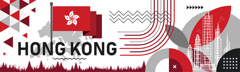 Hong Kong national day banner with map, flag colors theme background and geometric abstract retro modern red white design. Hong Kong landmarks. Vector Illustration.