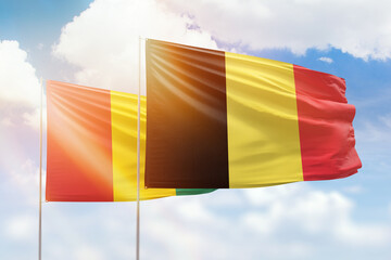 Sunny blue sky and flags of belgium and guinea