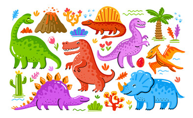 Obraz premium Set of cute colored dinosaurs. Funny animals concept. Vector illustration in cartoon style