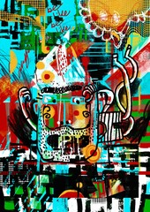 Grungy poster of a cool bearded guy. Painting with abstract graffiti background.