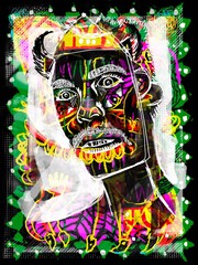Scary portrait of a black person with horns. Modern punk stylish poster with abstract shapes.