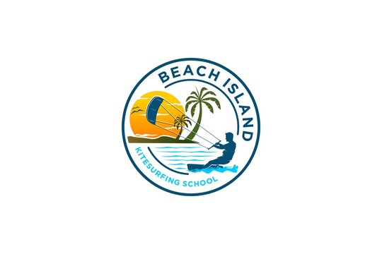 Kiteboarding sport logo design beach sunset palm tree vacation extreme sports surf