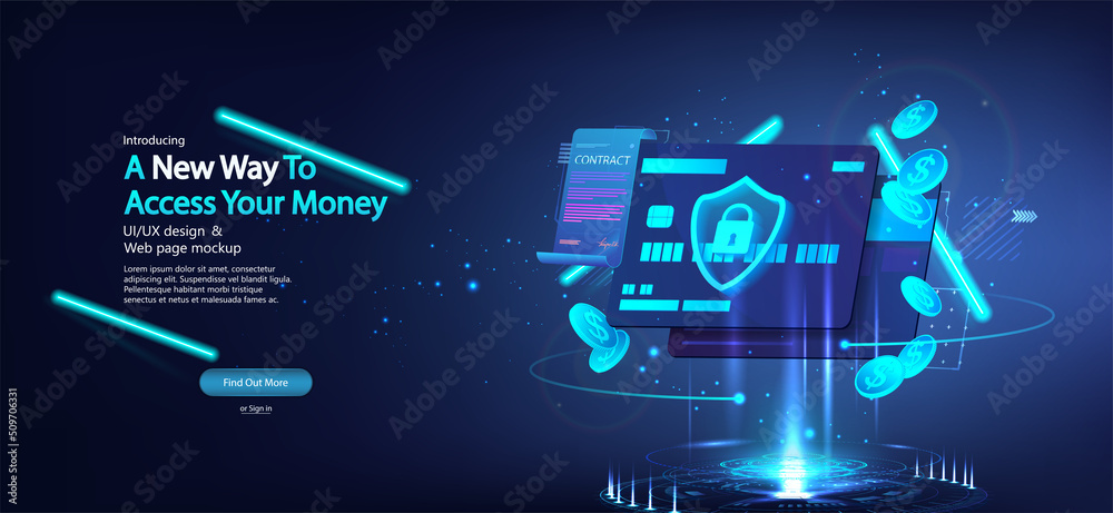 Poster banking credit card and a futuristic hologram with a contract. modern banking management with high l