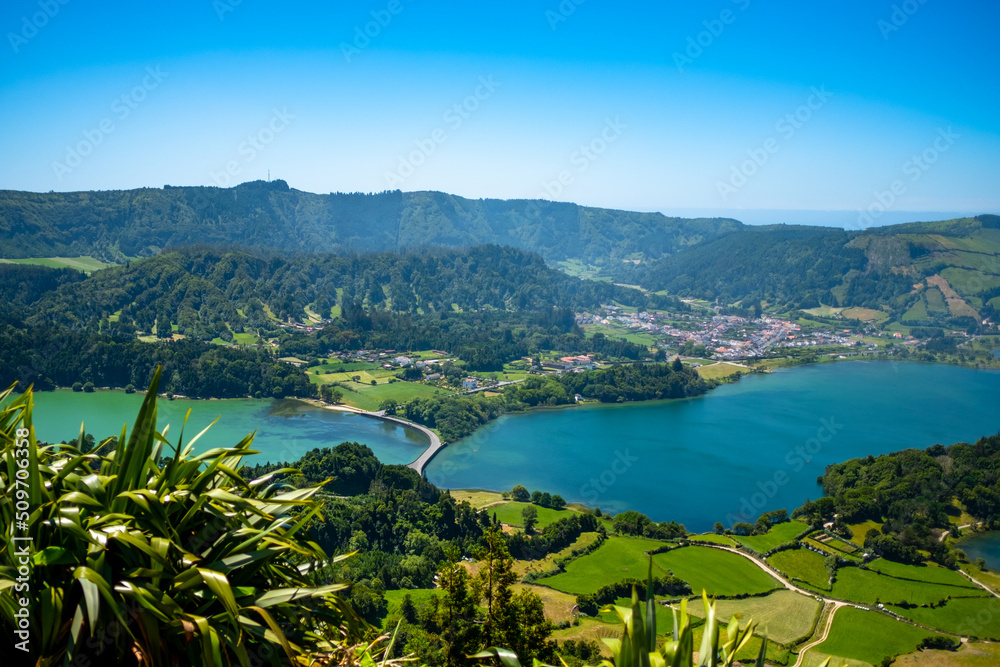 Wall mural Beautiful view over the lagoon of Sete Cidades (Seven Cities Lake), from the viewpoint - Miradouro do Cerrado das Freiras -. São Miguel Island, Azores.