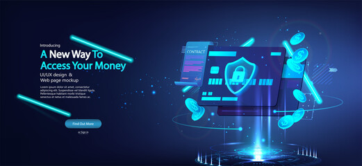 Banking credit card and a futuristic hologram with a contract. Modern banking management with high level security. Credit, debit banking card for online payment, money transfers, protection. Vector