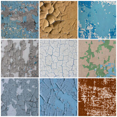 Set of peeling paint textures. Old concrete walls with cracked flaking paint. Weathered rough painted surfaces with patterns of cracks and peeling. Collection of grunge backgrounds for design.